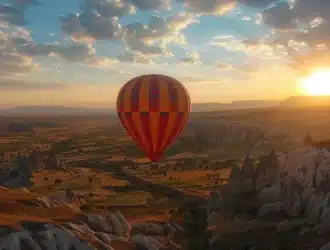 a colorful hot air balloon floating in the sky above a picturesque landscape.