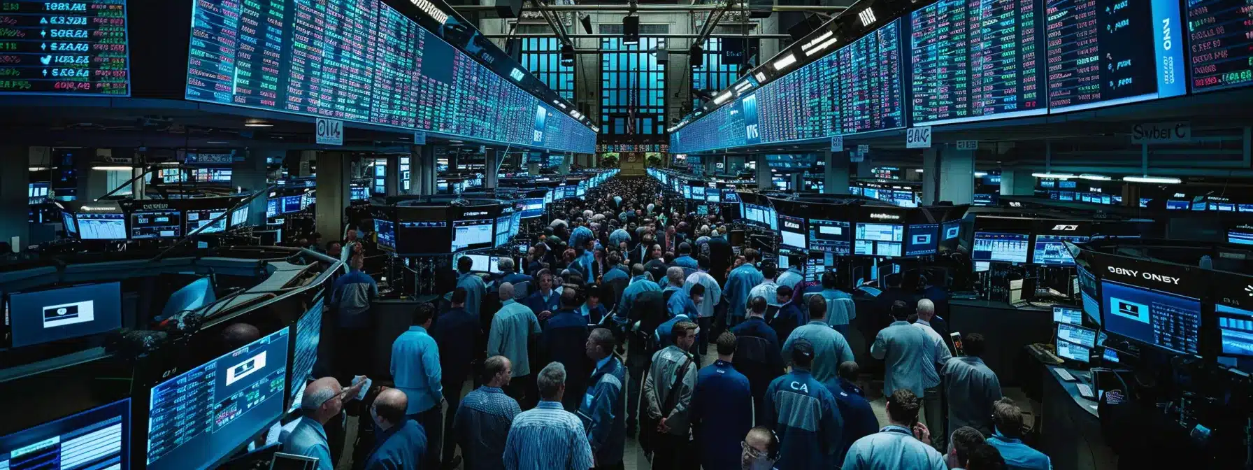 a crowded trading floor filled with investors glued to their screens, closely monitoring the market's reaction to the blum airdrop listings.