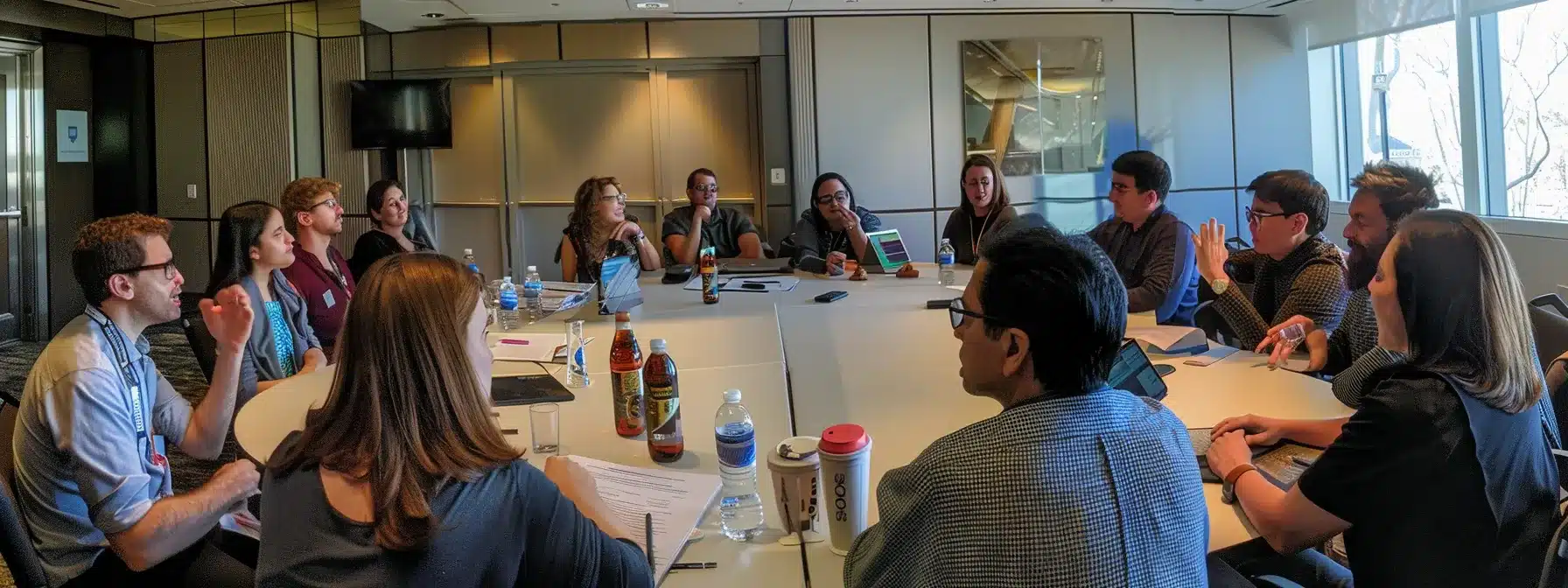 a diverse group of individuals eagerly engaging in a lively discussion around a large table filled with informational materials and digital devices, symbolizing the collaborative and informed community participation in the linea airdrop.