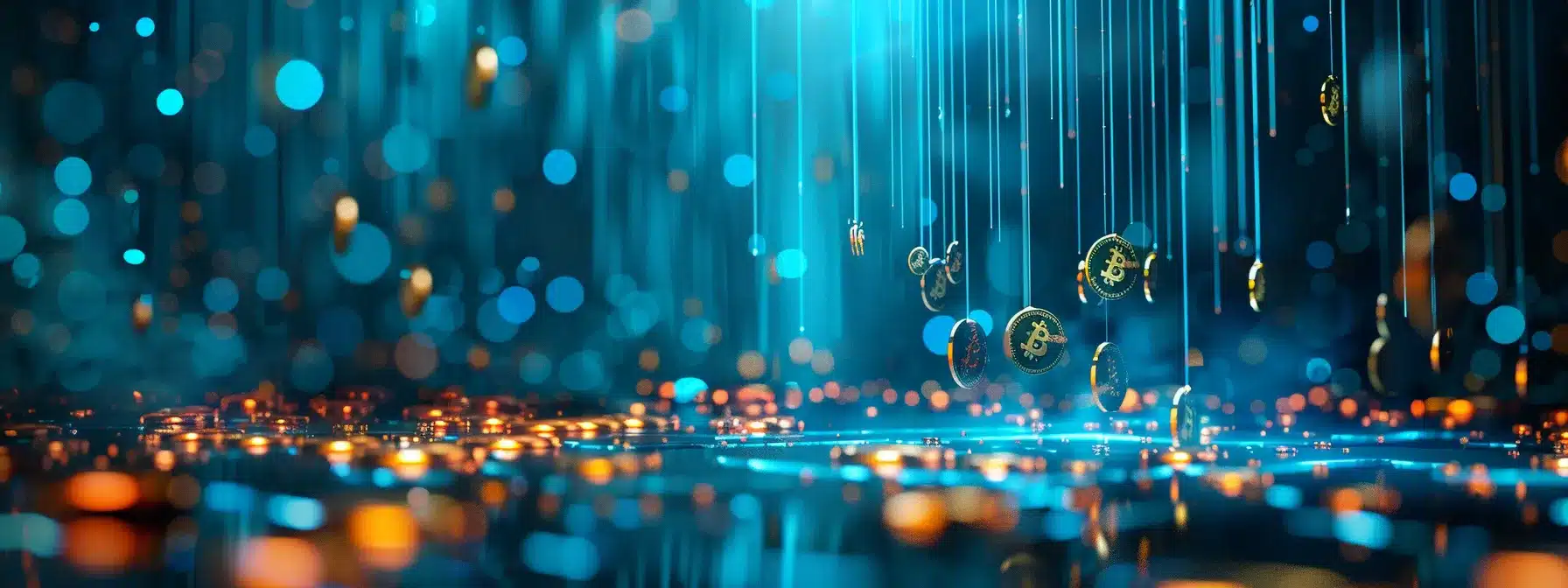 a futuristic digital landscape with virtual coins raining down on a vibrant crypto market, symbolizing the evolving trends and impact of blum airdrops in the cryptocurrency space.