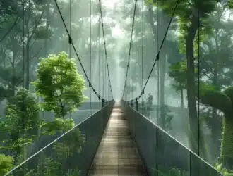 a futuristic glass bridge spanning across a vast digital landscape connecting two worlds - the linea testnet bridge.