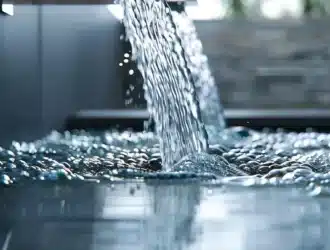 a glistening, cascading waterfall of water flowing from a modern stainless steel faucet.