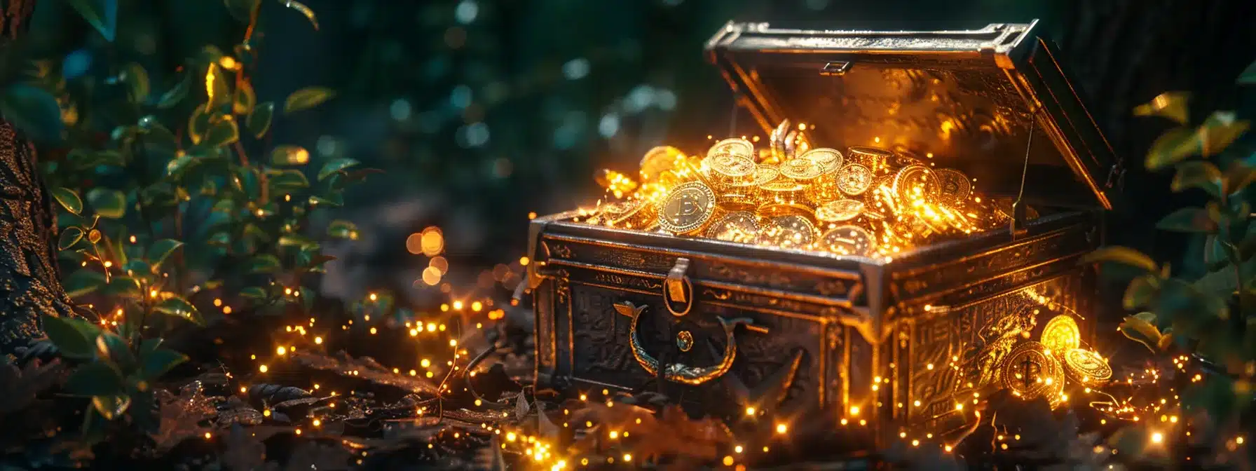 a glowing treasure chest overflowing with shimmering cryptocurrency tokens, symbolizing the rewarding airdrop initiative by magiceden. 