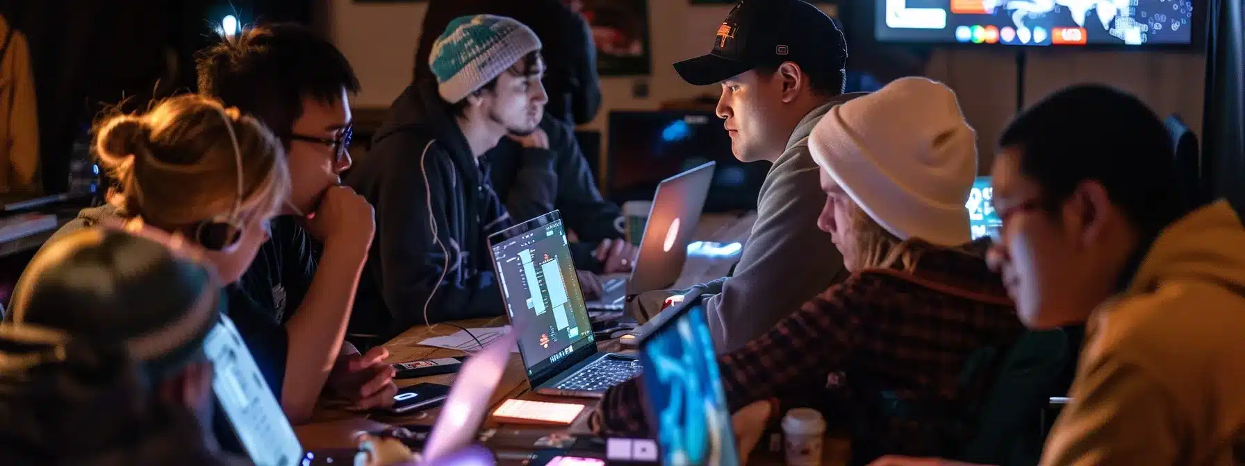 a group of diverse individuals eagerly studying a detailed faq sheet about the lumoz airdrop, surrounded by modern laptops and smartphones displaying cryptocurrency charts and news updates.