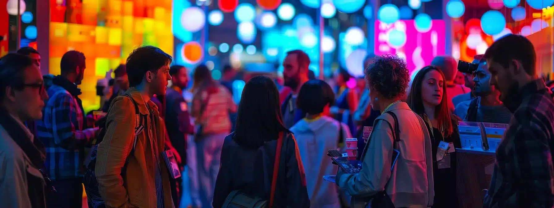 a group of diverse people eagerly interacting and sharing information at a bustling lumoz community event, surrounded by colorful banners and futuristic technology displays.