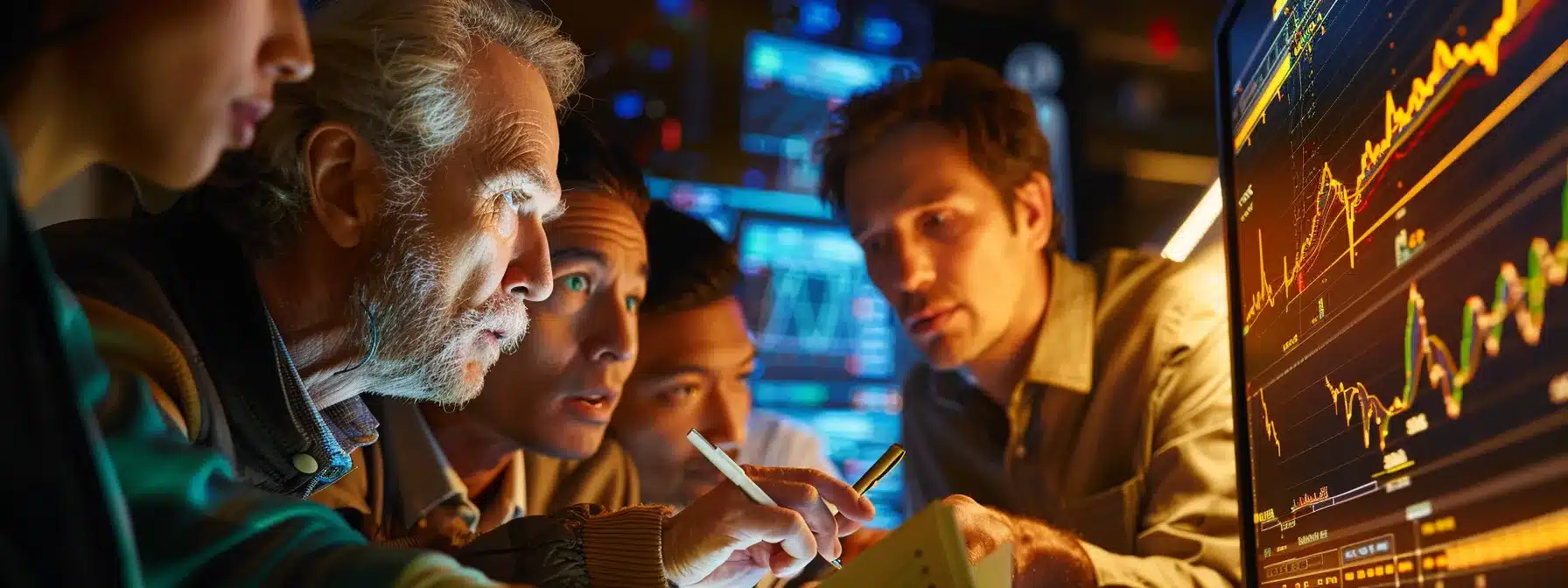 a group of investors huddled around a computer screen, analyzing charts and graphs, while holding notebooks and pens, discussing the benefits and risks of participating in blum airdrops.