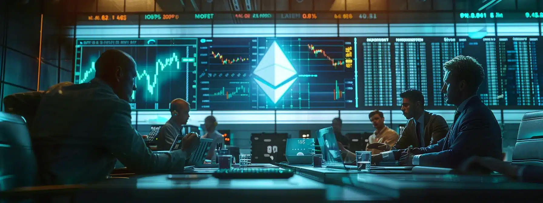 a group of investors studying charts and market data while discussing security measures and market strategies in a modern boardroom setting, with a large dropee token logo displayed prominently on a digital screen.