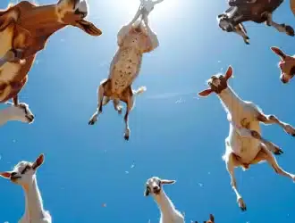 a herd of curious goats descending from the clear blue sky during an airdrop listing.