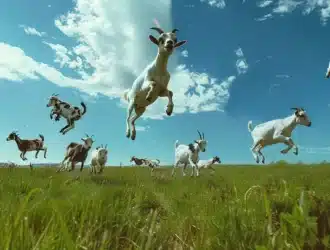 a herd of playful goats descending from the sky onto a grassy field for an airdrop listing.