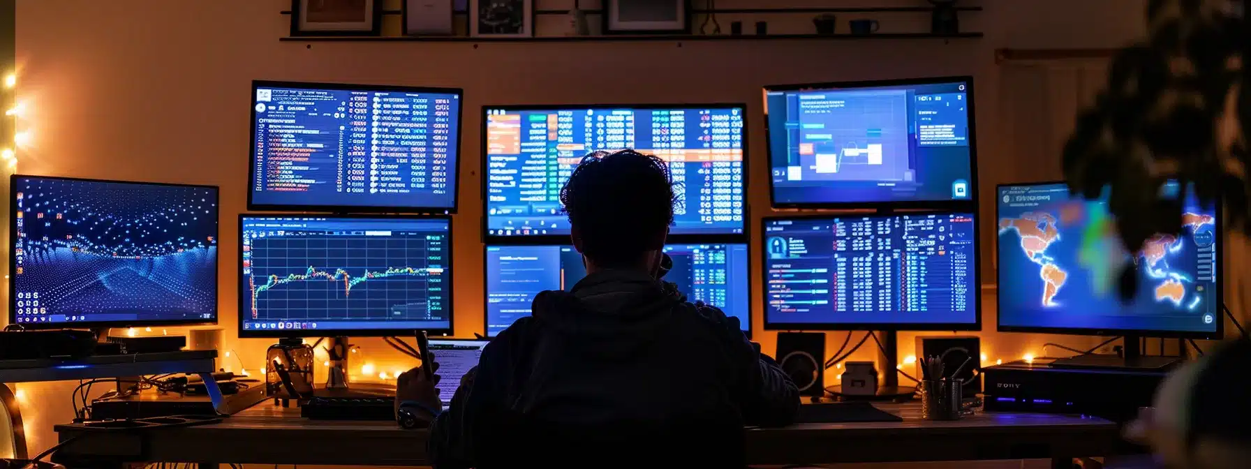 a person carefully setting up a digital wallet and monitoring cryptocurrency market graphs on multiple screens in preparation for the nodepay listing date.