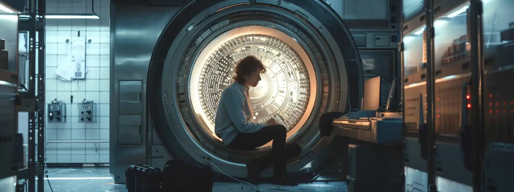 a person diligently encrypting their digital assets in a high-tech vault to ensure a safe airdrop experience.