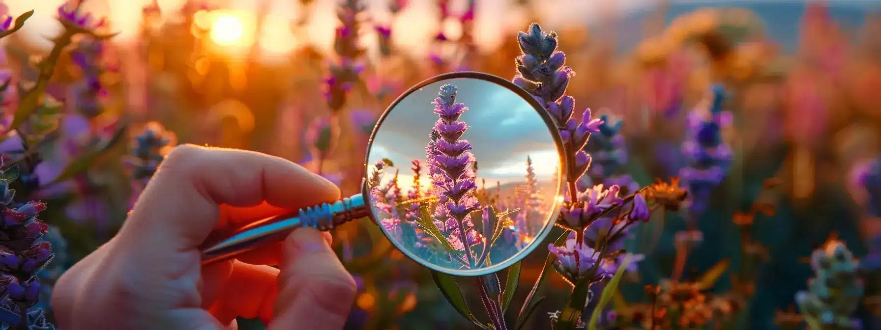 a person holding a magnifying glass over a unique, colorful airdropped blum flower in a field.