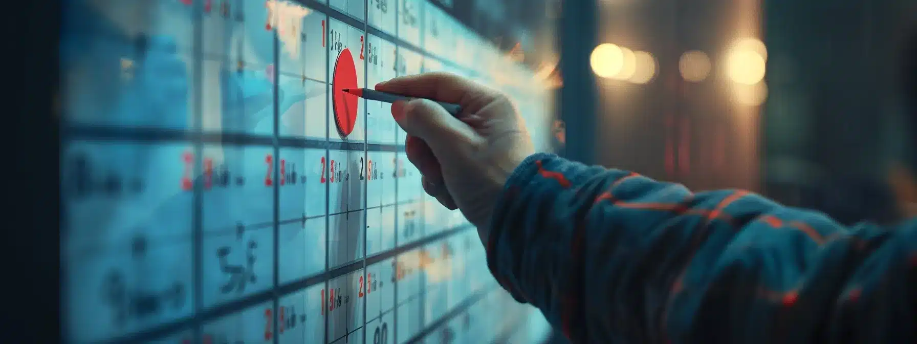 a person marking a red circle on a large wall calendar with highlighted dates for the blum airdrop listing.