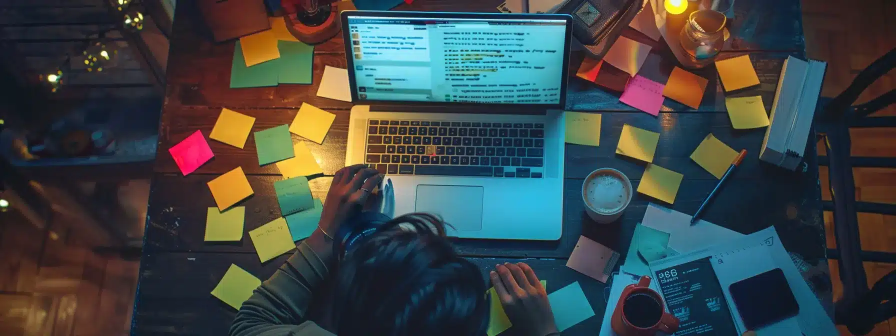 a person reading a detailed nodepay airdrop guide on a laptop, surrounded by post-it notes with faqs and helpful tips, showcasing a focused and organized approach to navigating the airdrop process.