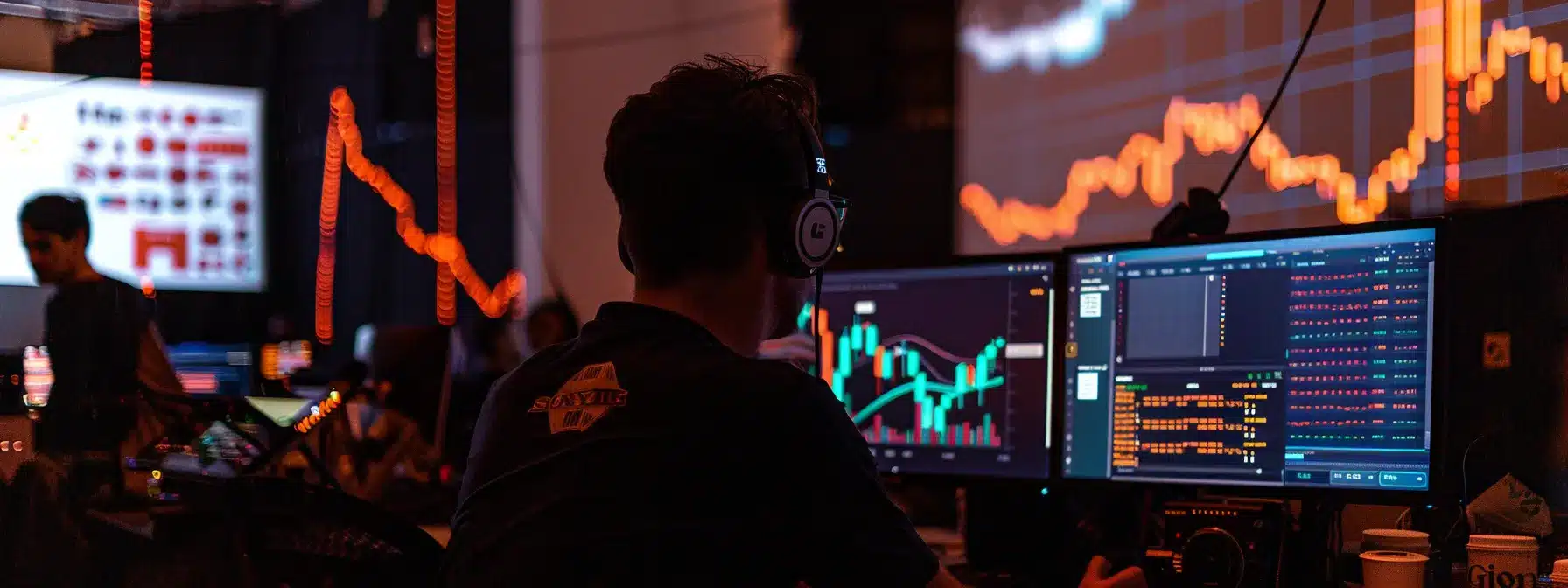 a person setting up a cryptocurrency wallet, registering for the lumoz airdrop program, and engaging with the platform's nodes, surrounded by digital screens displaying market data and graphs.