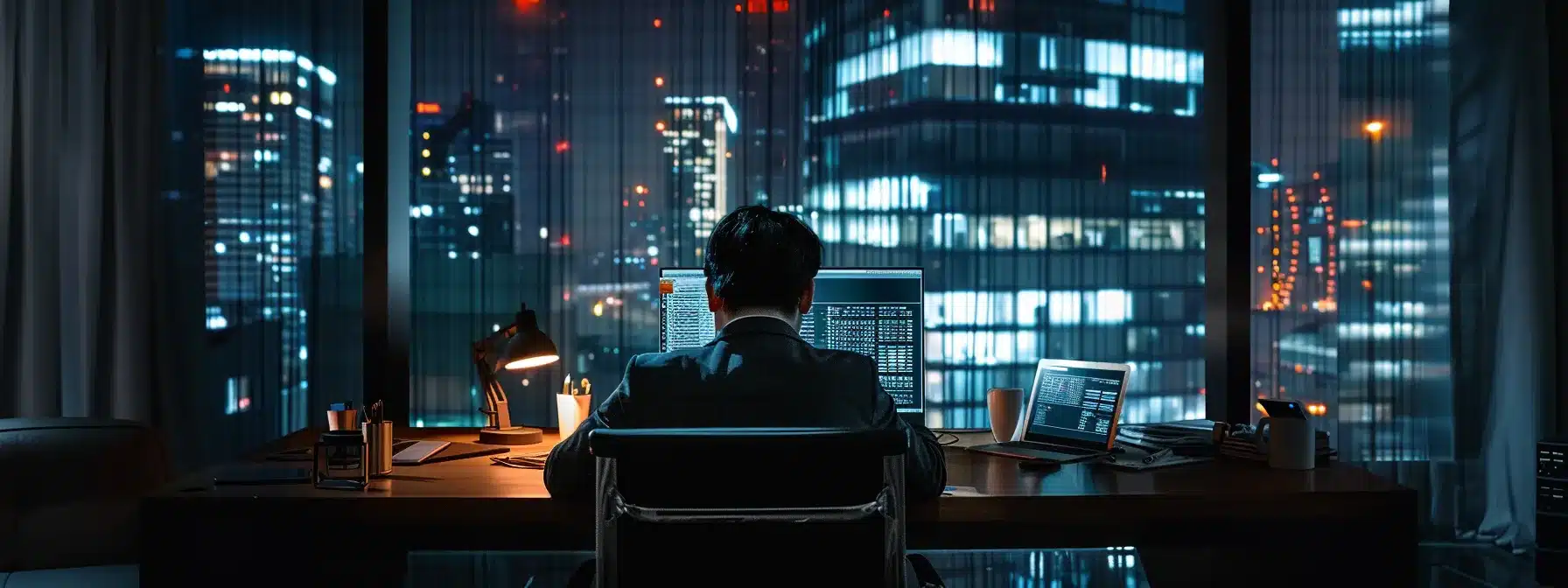 a person sitting at a sleek desk with a laptop open, using the blum airdrop checker to efficiently manage airdrop participation.