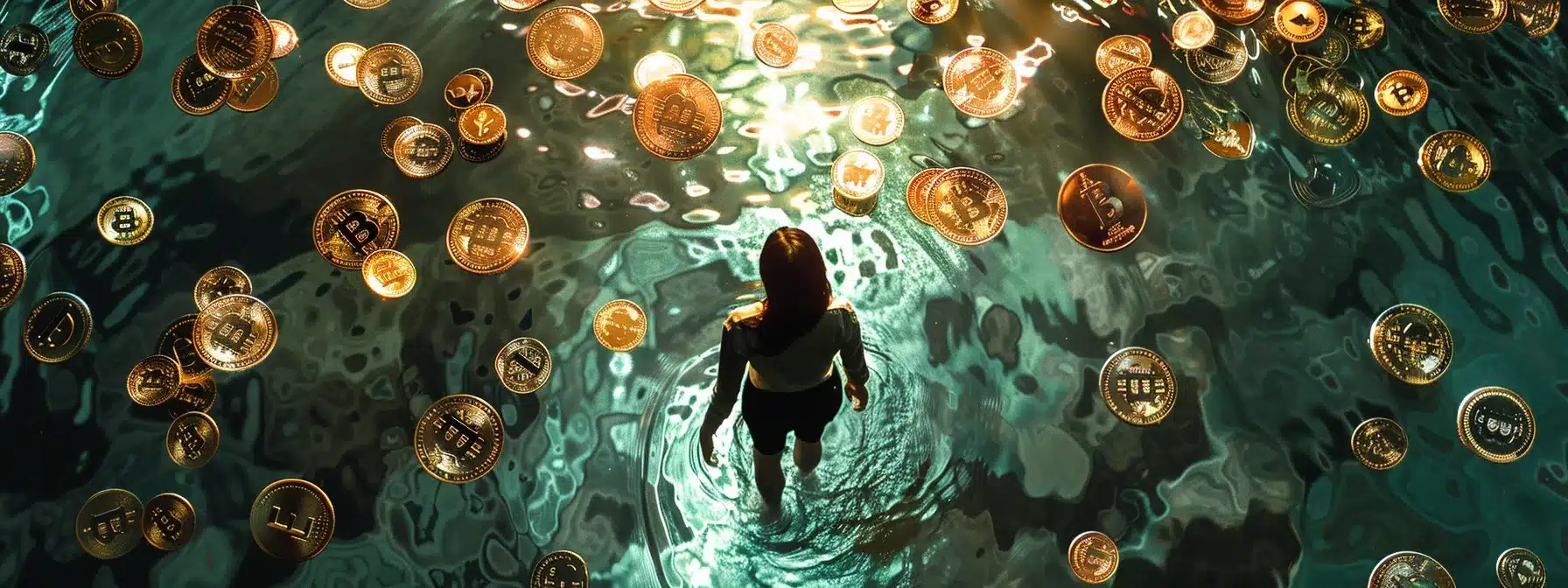 a person surrounded by a sea of cryptocurrency tokens, eagerly engaging with online communities and social media to maximize their rewards from airdrop participation.