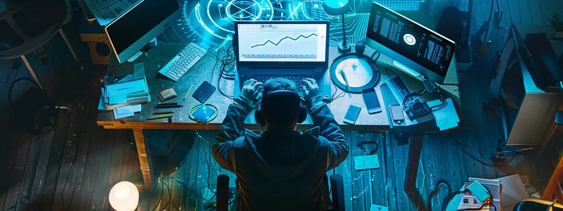 a person surrounded by high-tech tools and software, diligently verifying their eligibility for the linea testnet bridge airdrop.