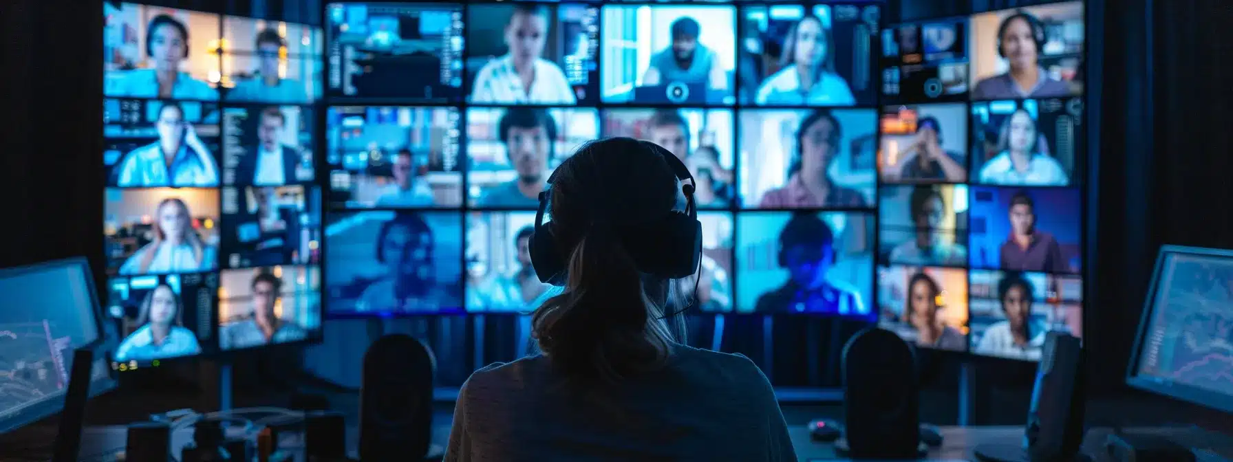 a person surrounded by multiple computer screens displaying various airdrop opportunities, engrossed in studying blum's insights for informed participation.