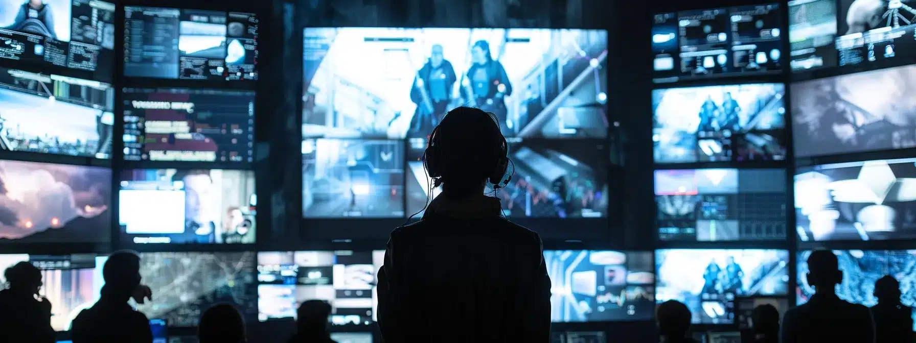 a person surrounded by screens showing official announcements, vigilant against scams, engaging with the community, and using referral opportunities for a successful booms airdrop experience.