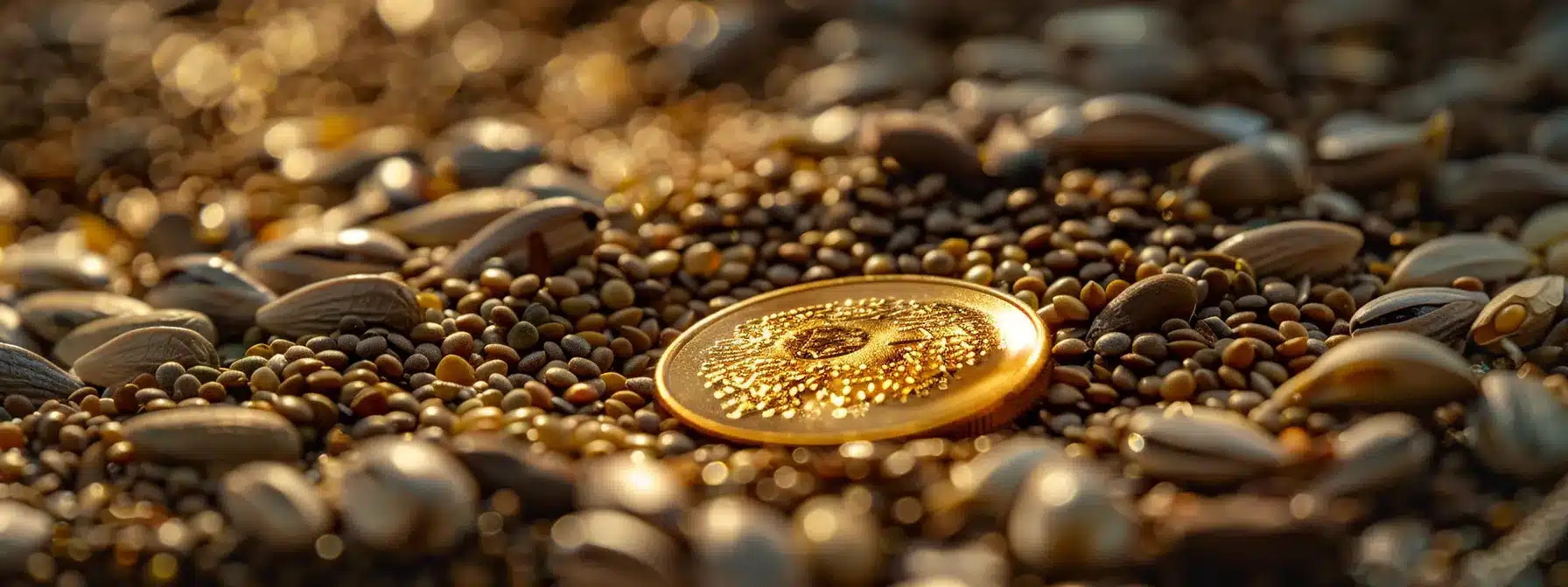 a shiny gold coin surrounded by a pile of various seeds, representing the seed coin listing.