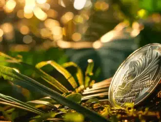 a shiny silver coin reflecting vibrant colors in the sunlight, with a background of lush greenery.