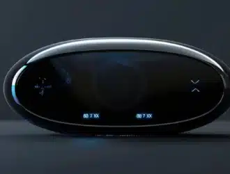 a sleek, futuristic looking device with a digital display showing the progress of an xion airdrop check.