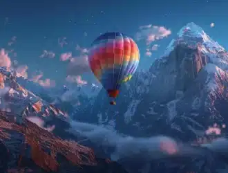 a vibrant, colorful hot air balloon floating high in the sky, representing the suilend token airdrop listing.