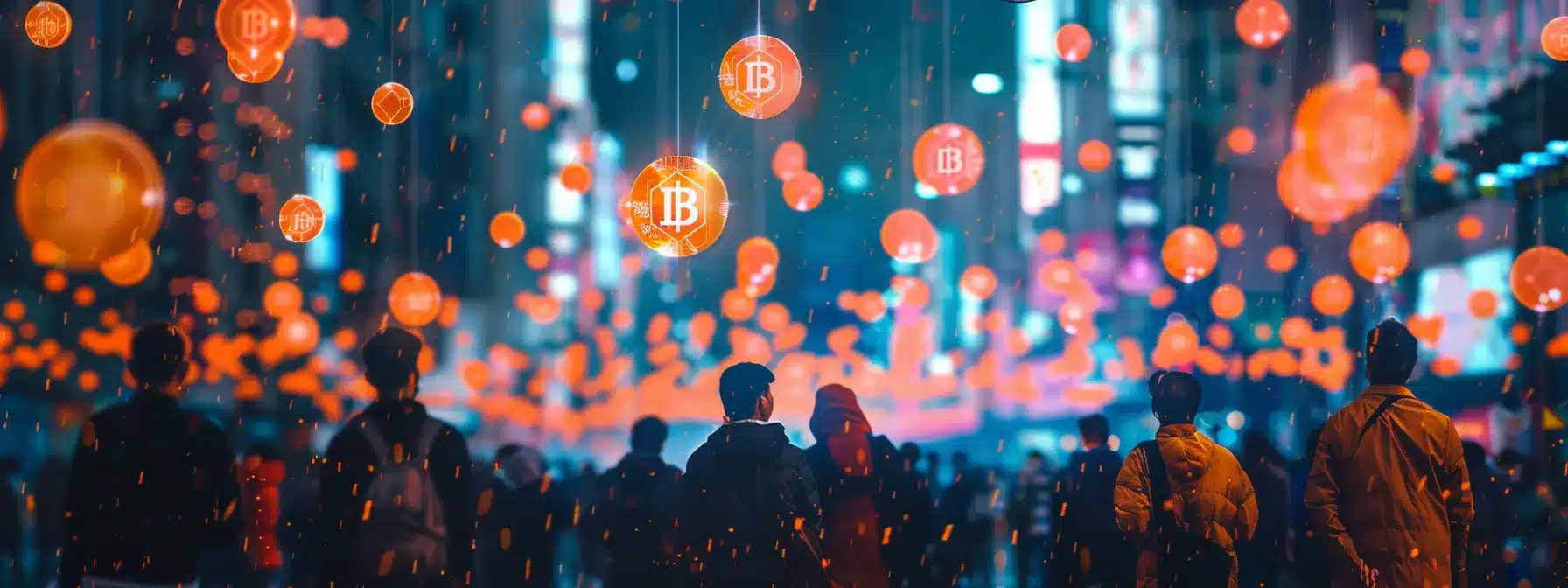 a vibrant, futuristic cityscape with glowing digital tokens raining down on a diverse group of people, capturing the essence of nodepay's innovative airdrop campaign.