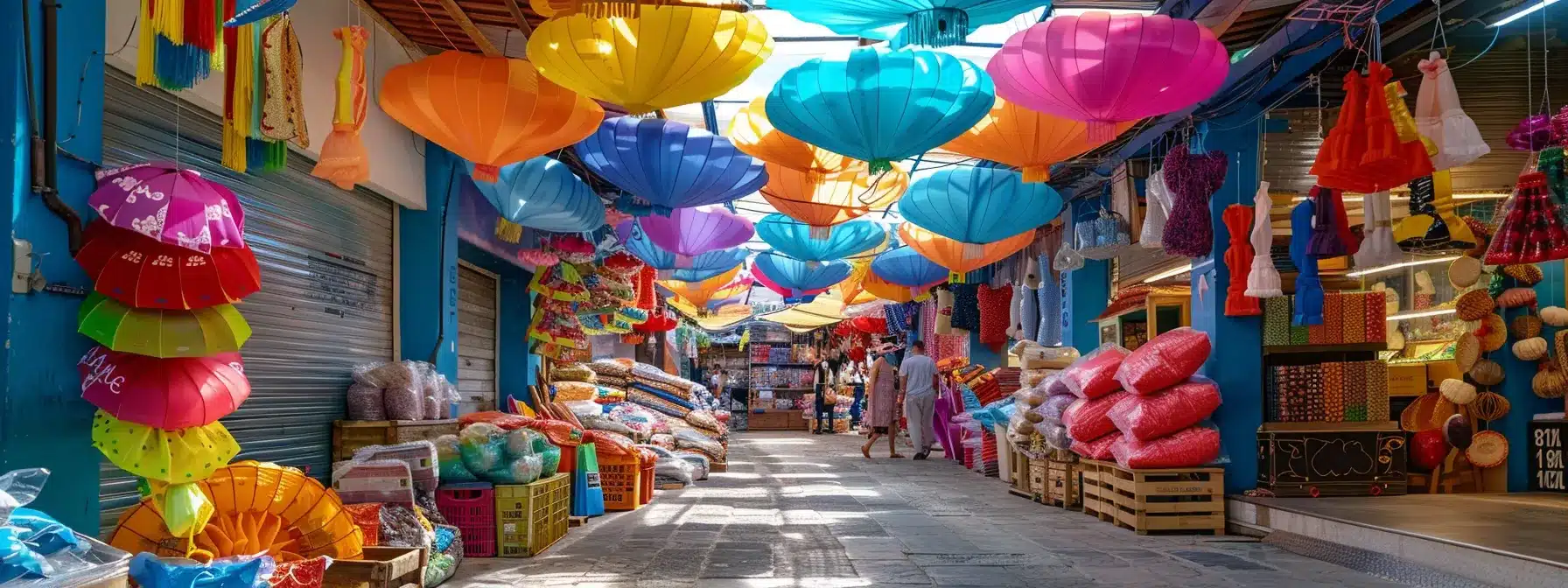 a vibrant market filled with colorful parachutes dropping goods for an airdrop listing event.