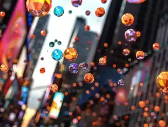 a whirlwind of colorful cryptocurrency tokens raining down from the sky in a bustling city square during a nexus airdrop event.