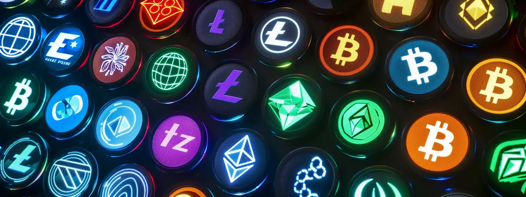 an array of vibrant cryptocurrency logos displayed on a computer screen during the nodepay airdrop listing.