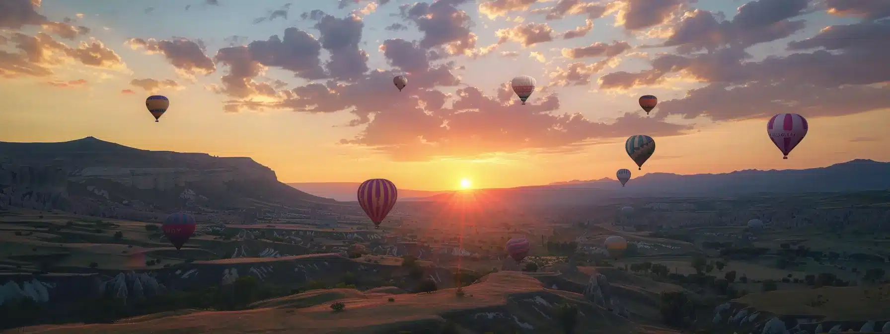 vibrant array of colorful hot air balloons soaring into the sunset sky.