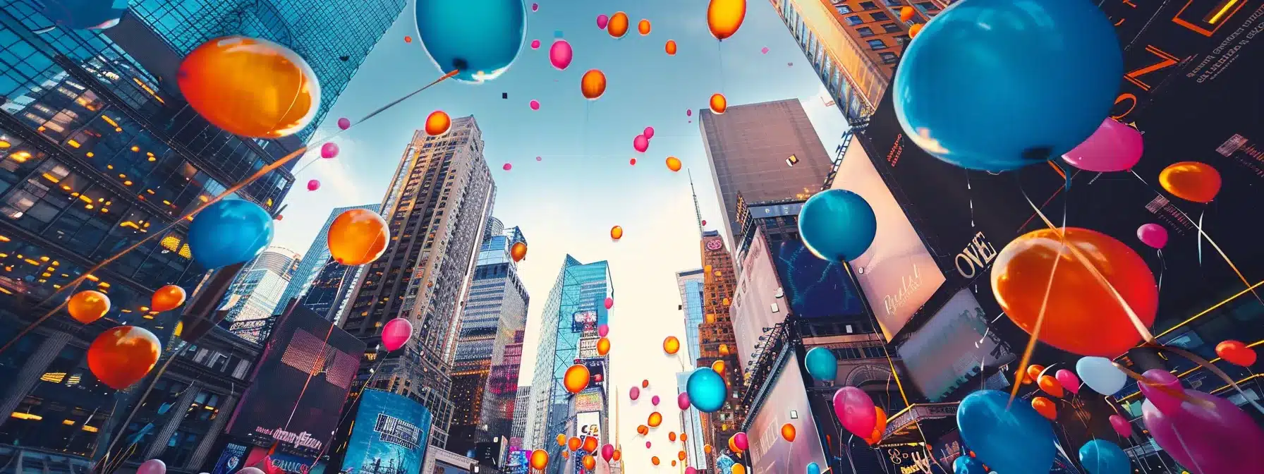 vibrant balloons floating above a bustling cityscape during a nodepay airdrop event.