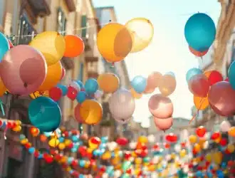 vibrant colored balloons floating above a lively market street during a festival celebration.