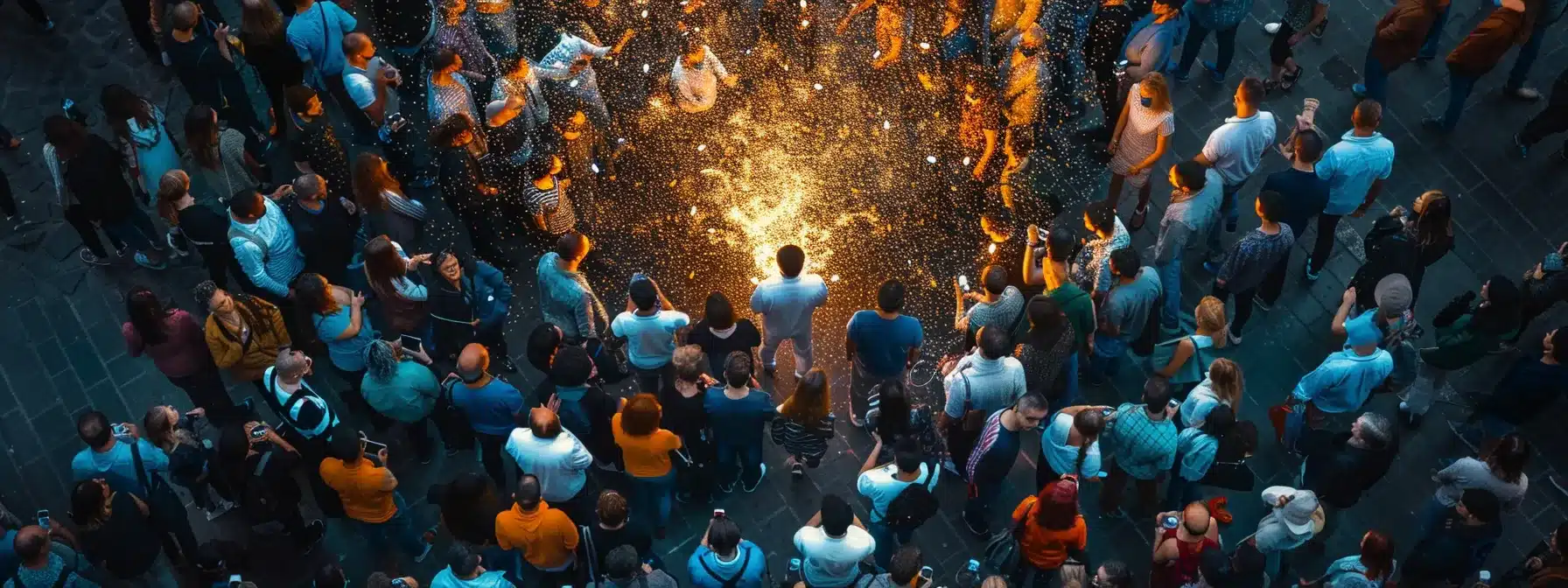 vibrant crowds eagerly gather around a glowing blum airdrop, symbolizing the transformative impact on blockchain adoption.