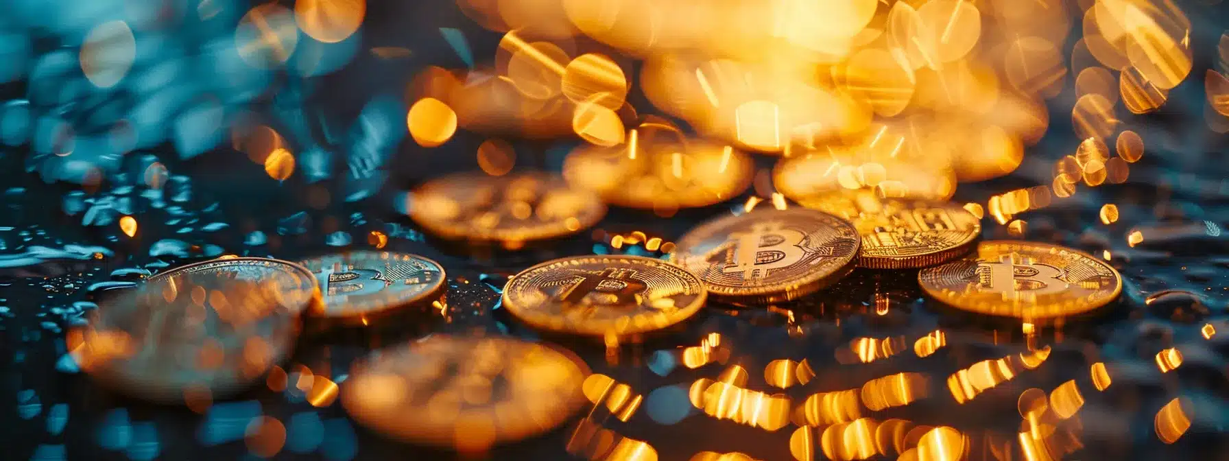 vibrant cryptocurrency coins scattered on a sleek, reflective surface.