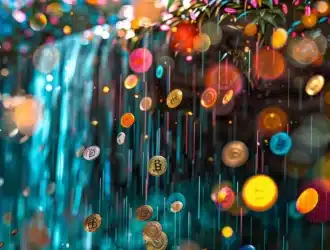 vibrant cryptocurrency tokens cascading down like a waterfall in a digital forest.