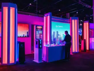 vibrant retro neon lights illuminating the xion airdrop checker kiosk at a bustling technology convention.