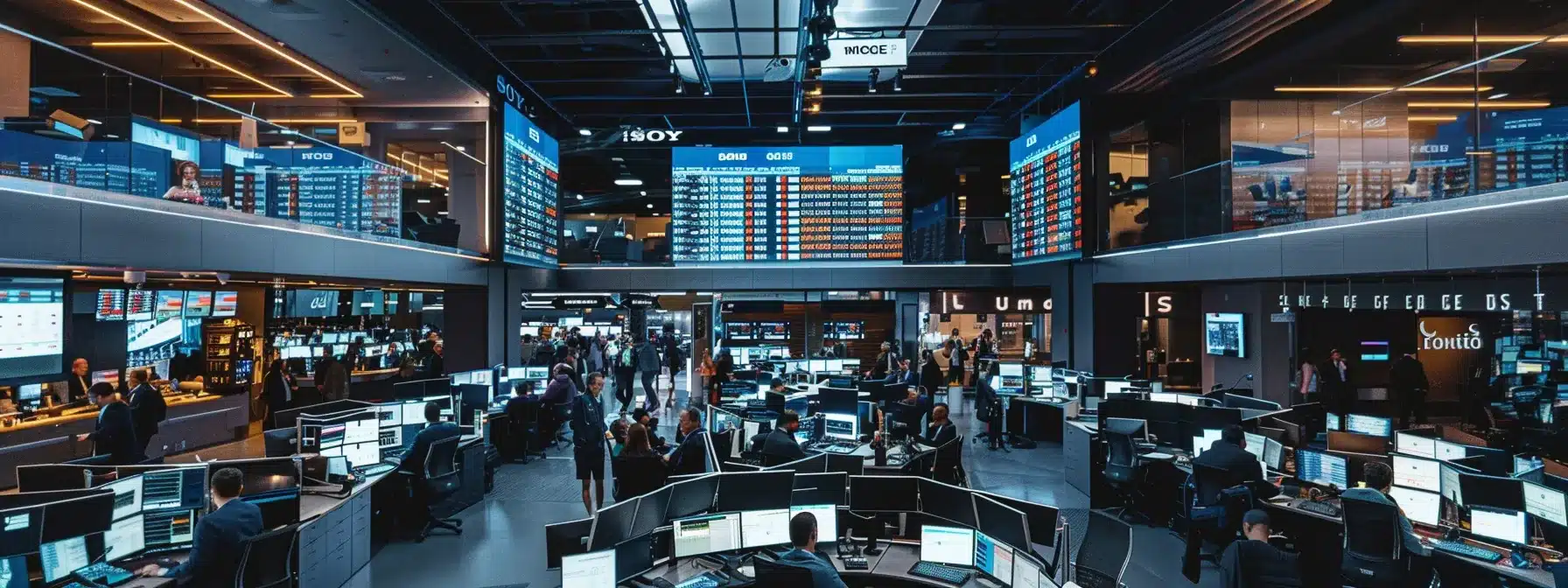 vibrant trading floor bustling with excitement as lumoz moz tokens are officially listed, with traders eagerly monitoring screens and exchanging tokens.