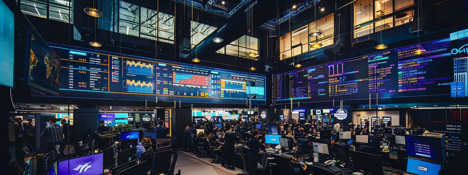 vibrant trading floor bustling with investors eagerly trading suilend tokens on binance exchange, with digital screens displaying real-time market data and graphs.