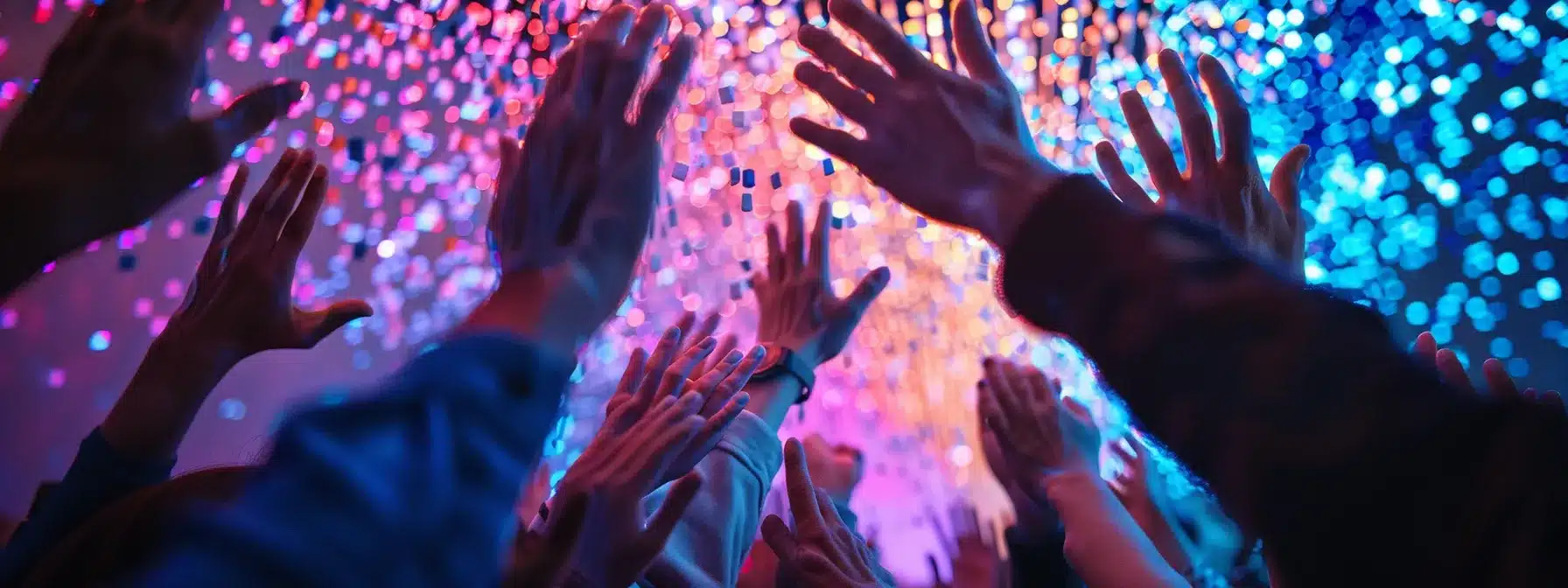 vividly colorful digital pixels cascading down into eager participants' hands during the not pixel airdrop event.